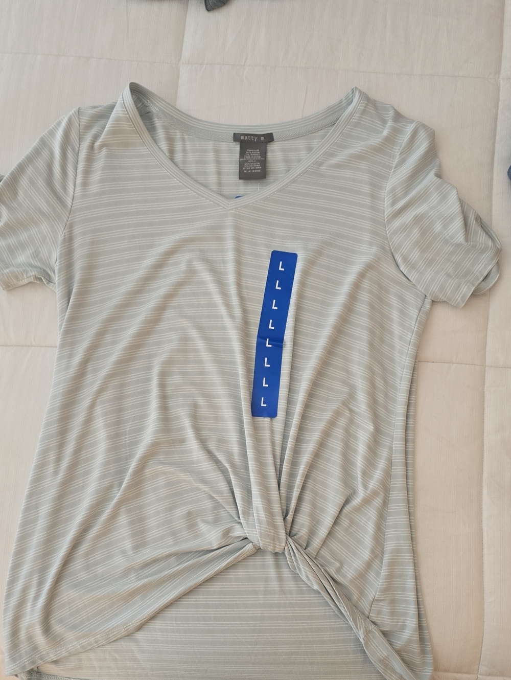 Matty M Light Sage Striped V-Neck Knot Front Tee